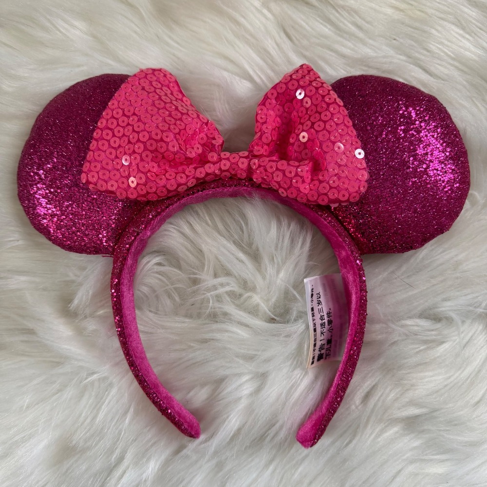 Disney Parks - Hot Pink Glitter Mickey Minnie Mouse Ear Headband Sequin Bow